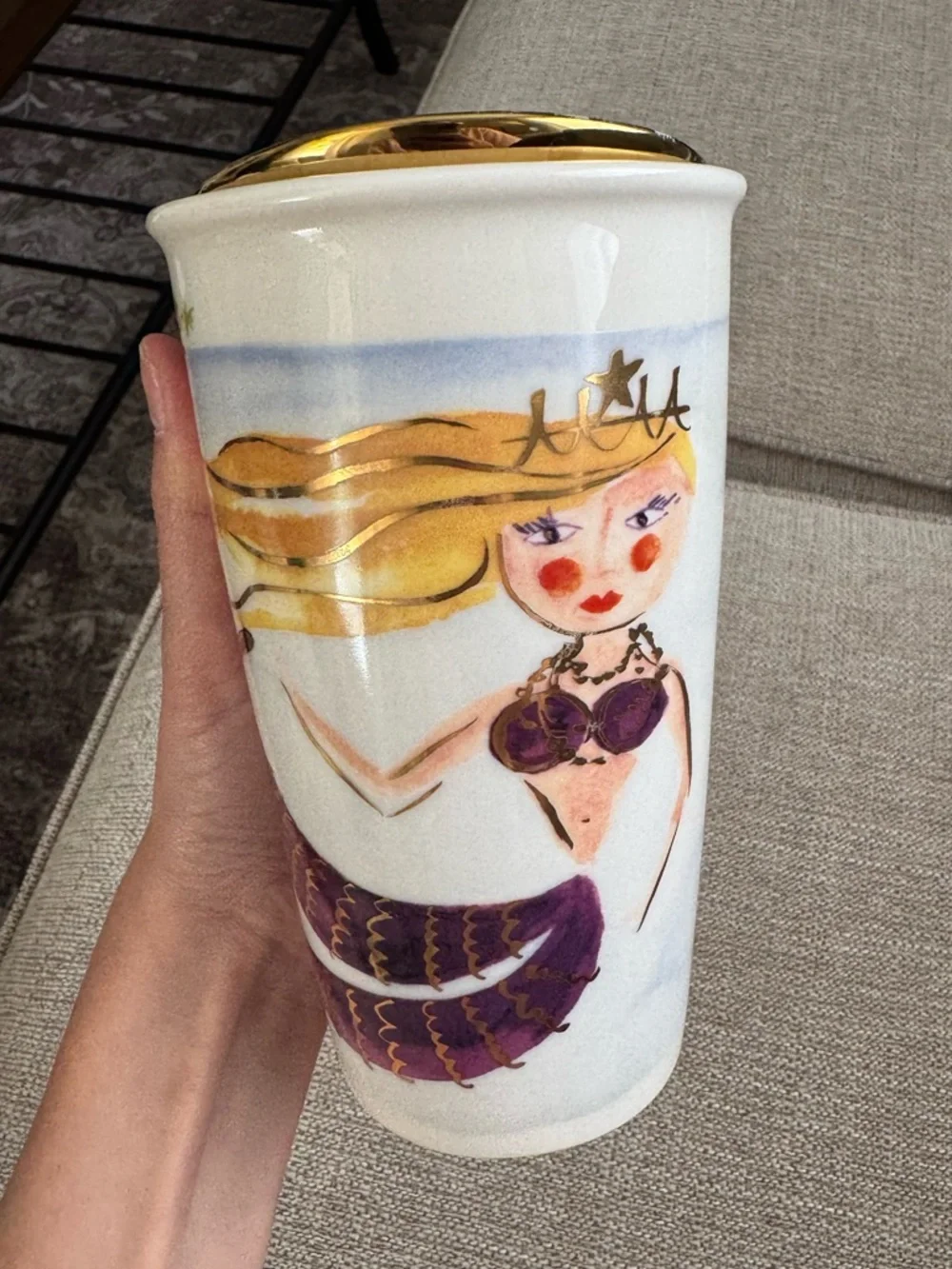 Starbucks Cup Siren Mermaid Mug Ceramic 12 oz Coffee Tumbler with Gold Lid